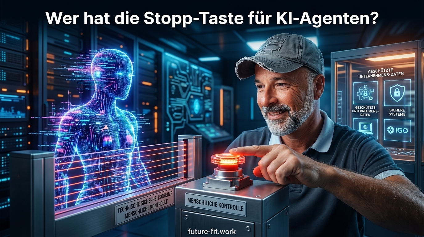 Menschliche Stopp-Vorrichtung an einer technischen Sicherheitsgrenze zwischen KI-Agent und Unternehmenssystemen.